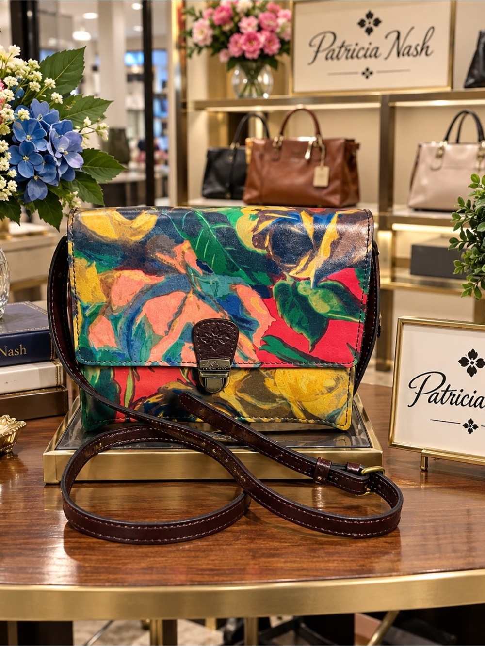 Patricia Nash Painted Floral Leather Crossbody - Red, Green, Yellow, Blue